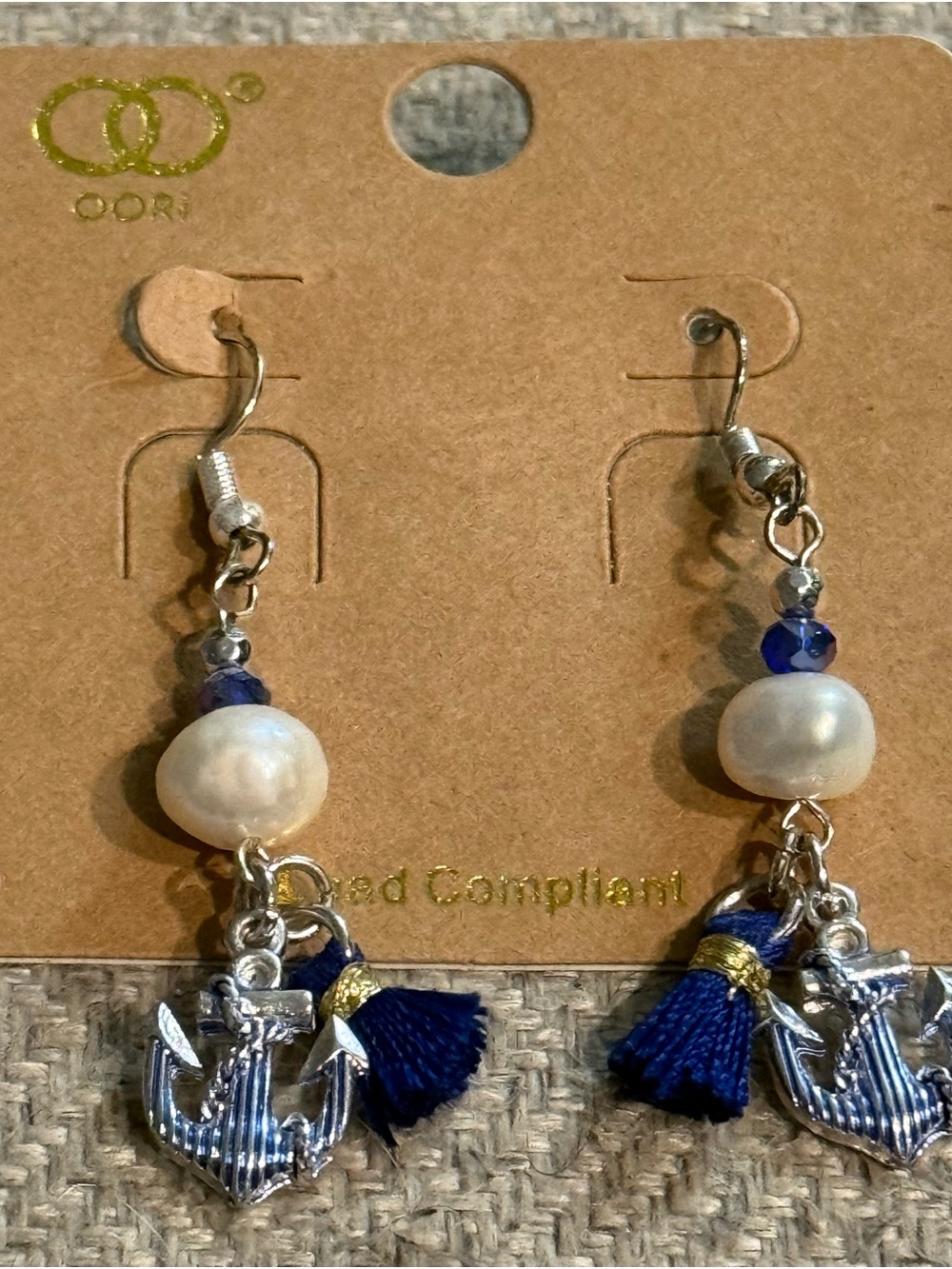 Coastal Pearl & Anchor Drop Earrings - Navy and White